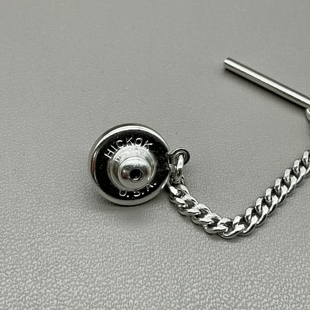 Hickok Tie Tack Vintage Blue Glass Cabochon Silver Tone Chain Men's Accessory